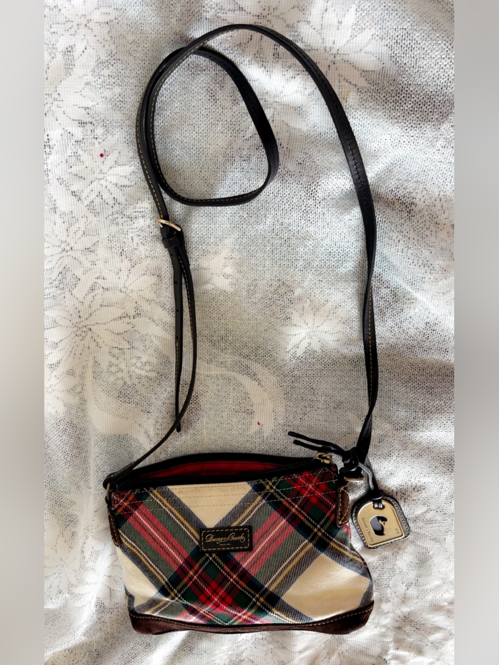 Dooney & Bourke Red Cream and Green Plaid Crossbody with Black Strap